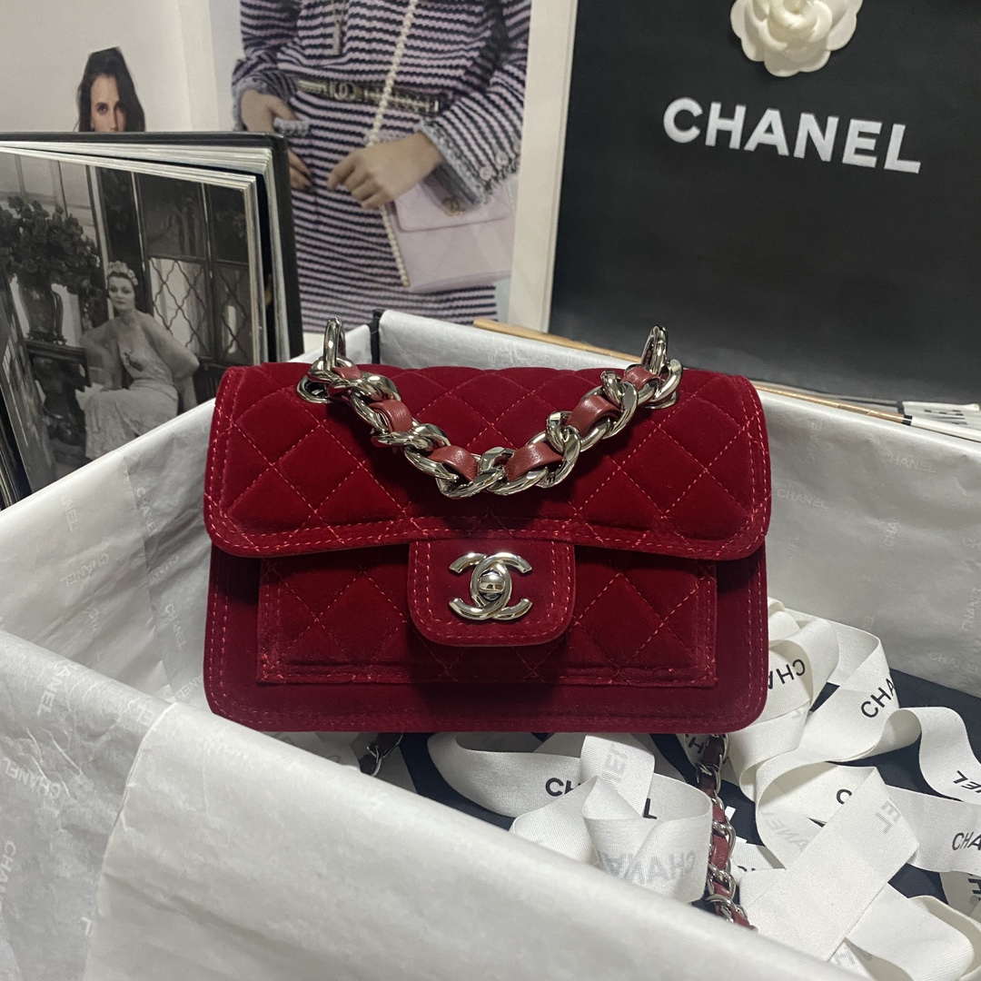 Chanel AS4051 Flap Bag Velvet Silver Metal Wine Red - Default Title - View 1