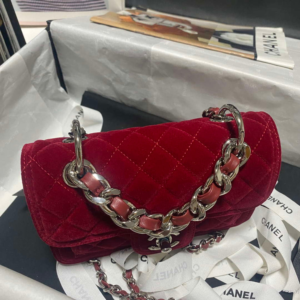 Chanel AS4051 Flap Bag Velvet Silver Metal Wine Red