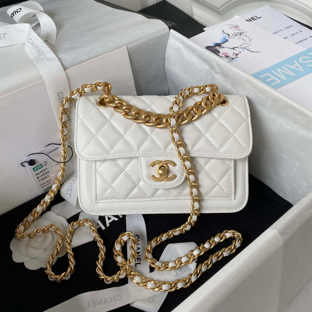 Chanel AS4051 Small Flap Classic Bag CF Lambskin White Gold