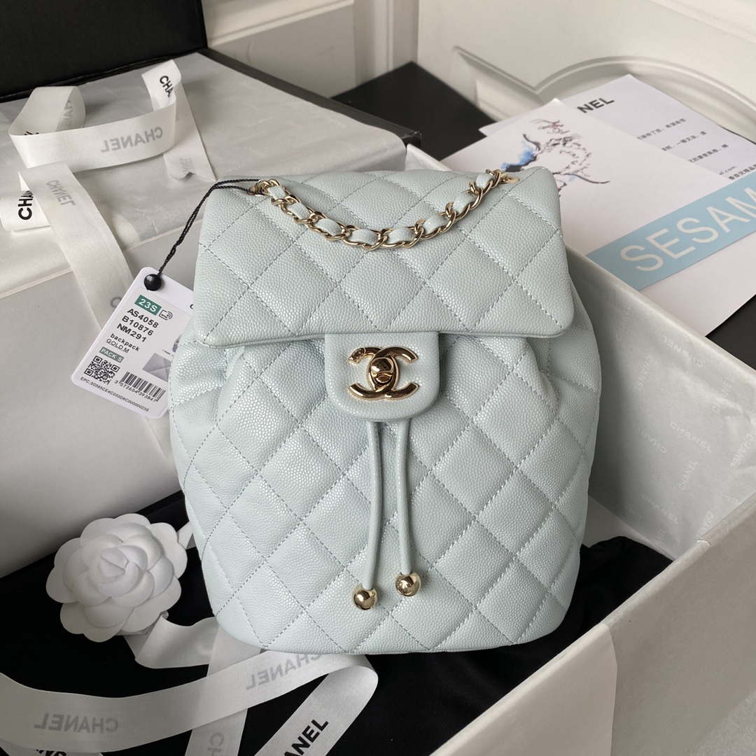 Chanel AS4058 Backpack Grained Shiny Calfskin & Gold-Tone Metal Light Blue - Default Title - View 1