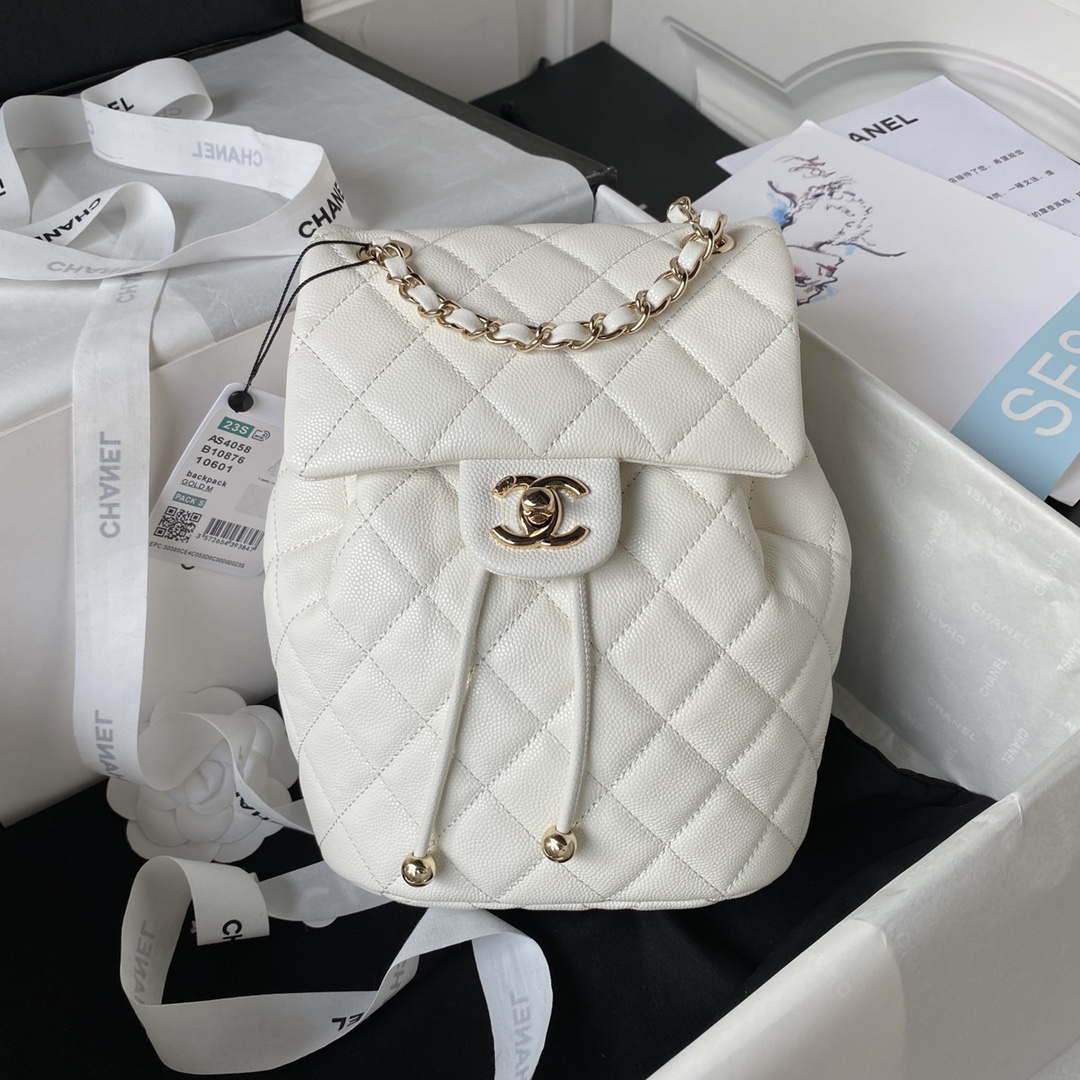 Chanel AS4058 Backpack Grained Shiny Calfskin & Gold-Tone Metal White - Default Title - View 1