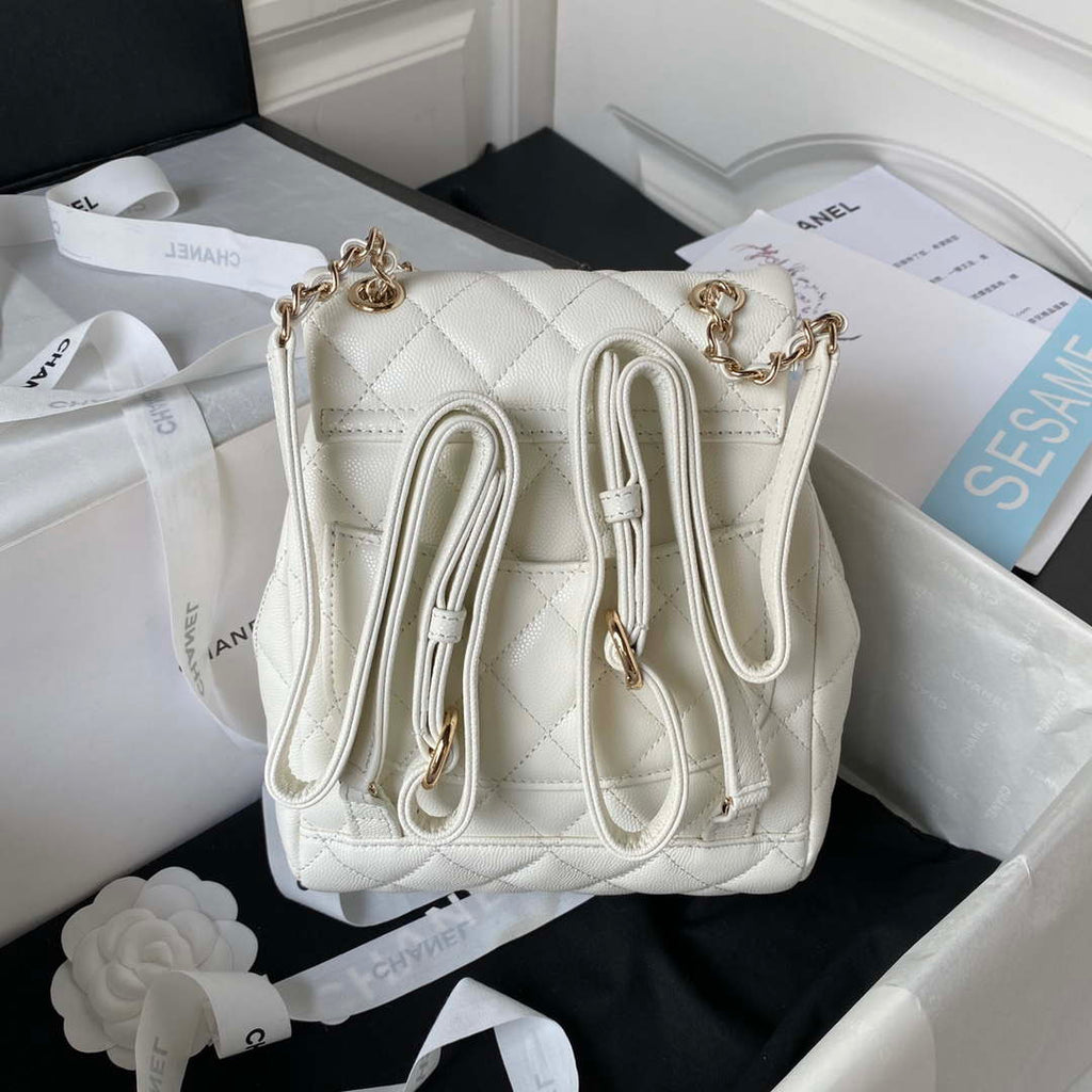 Chanel AS4058 Backpack Grained Shiny Calfskin & Gold-Tone Metal White
