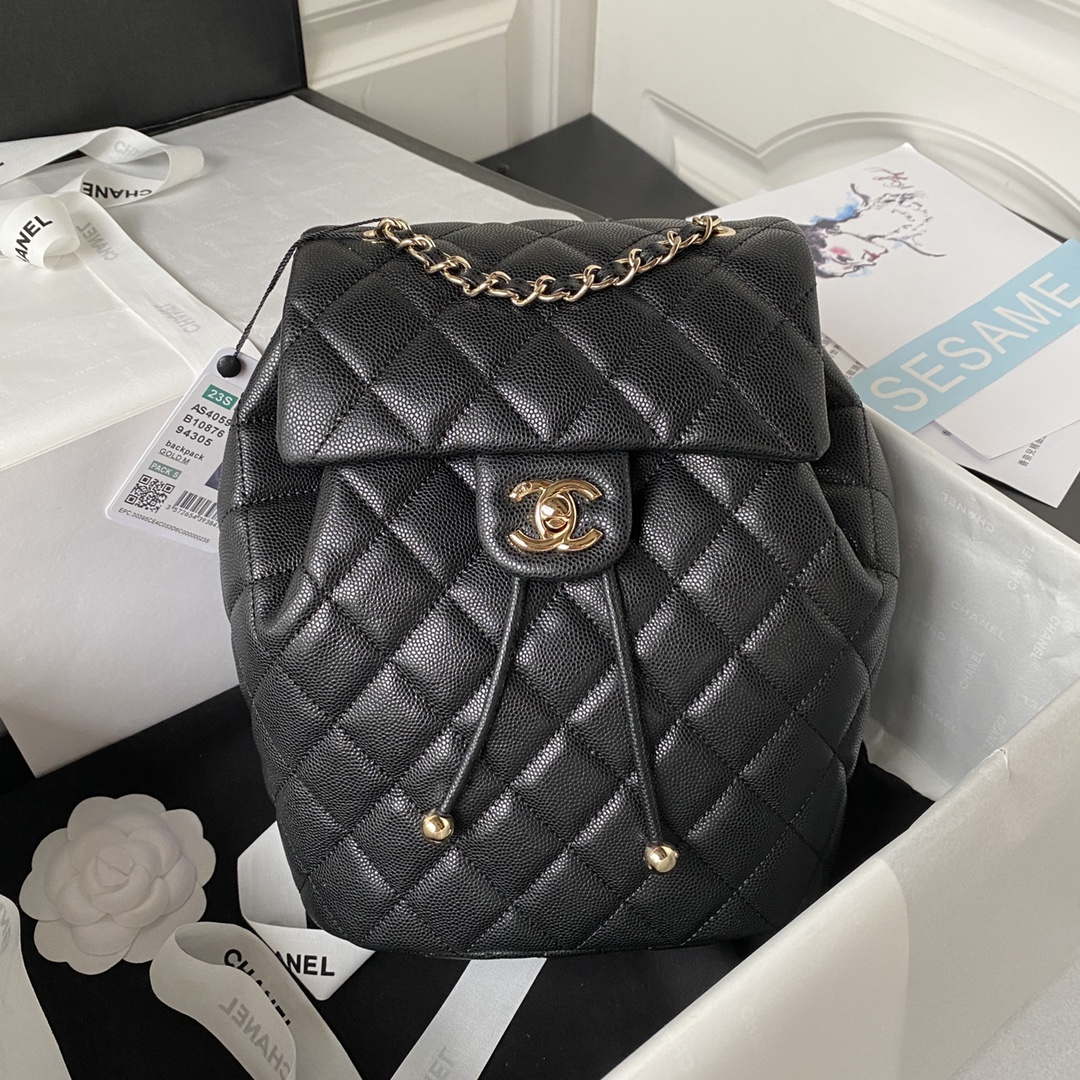 Chanel AS4059 Large Backpack Grained Shiny Calfskin & Gold-Tone Metal Black - Default Title - View 1