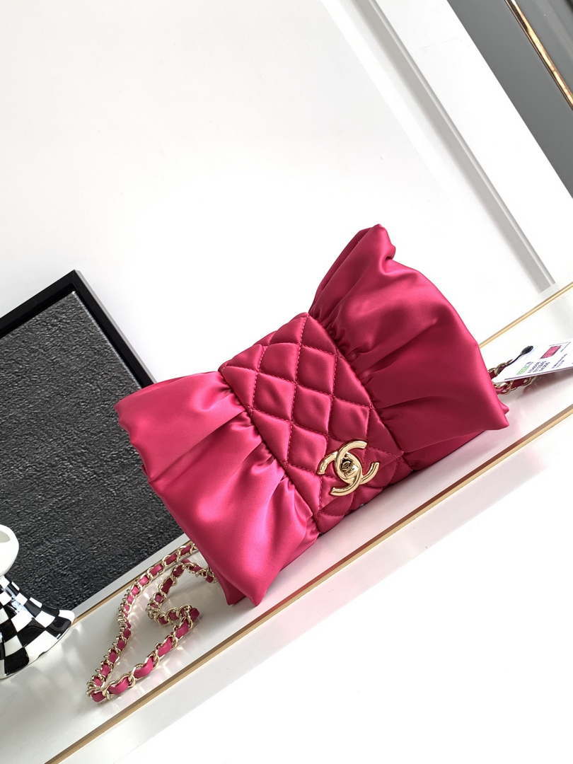 Chanel AS4098 23A Clutch satin bow evening bag Rose Red - Default Title - View 1