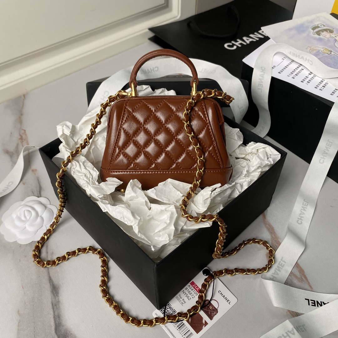 Chanel AS4109 Mini Flap bag With top handle Shiny Lambskin & Gold-Tone Metal Brown