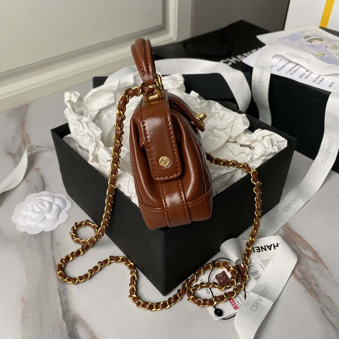 Chanel AS4109 Mini Flap bag With top handle Shiny Lambskin & Gold-Tone Metal Brown - Default Title - View 5