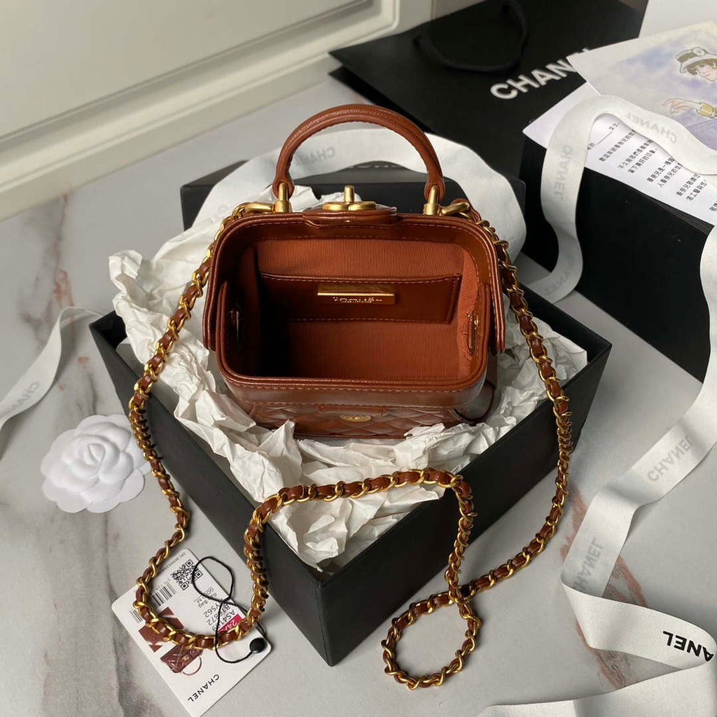Chanel AS4109 Mini Flap bag With top handle Shiny Lambskin & Gold-Tone Metal Brown