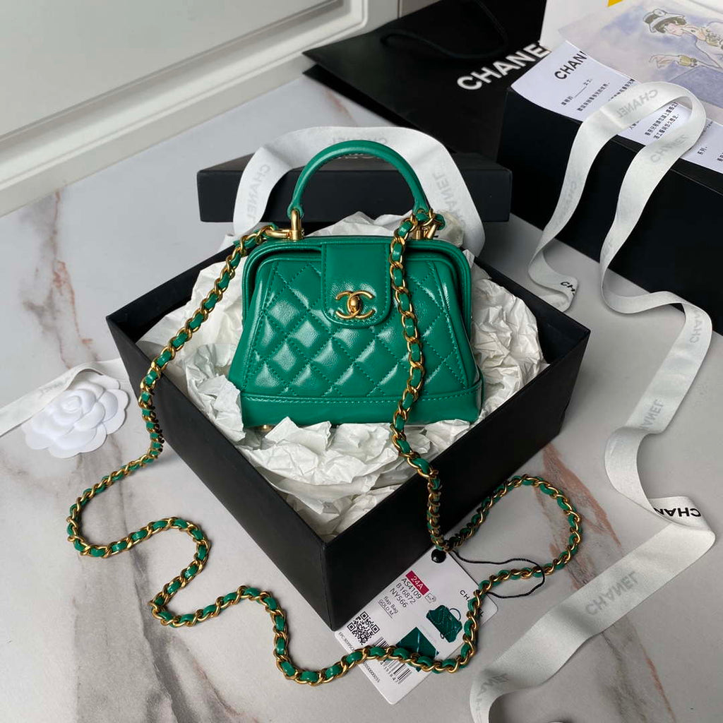 Chanel AS4109 Mini Flap bag With top handle Shiny Lambskin & Gold-Tone Metal Green