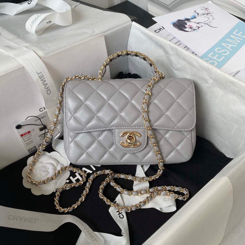 Chanel AS4140 Camellia Embossed With top Handle Bag Gray