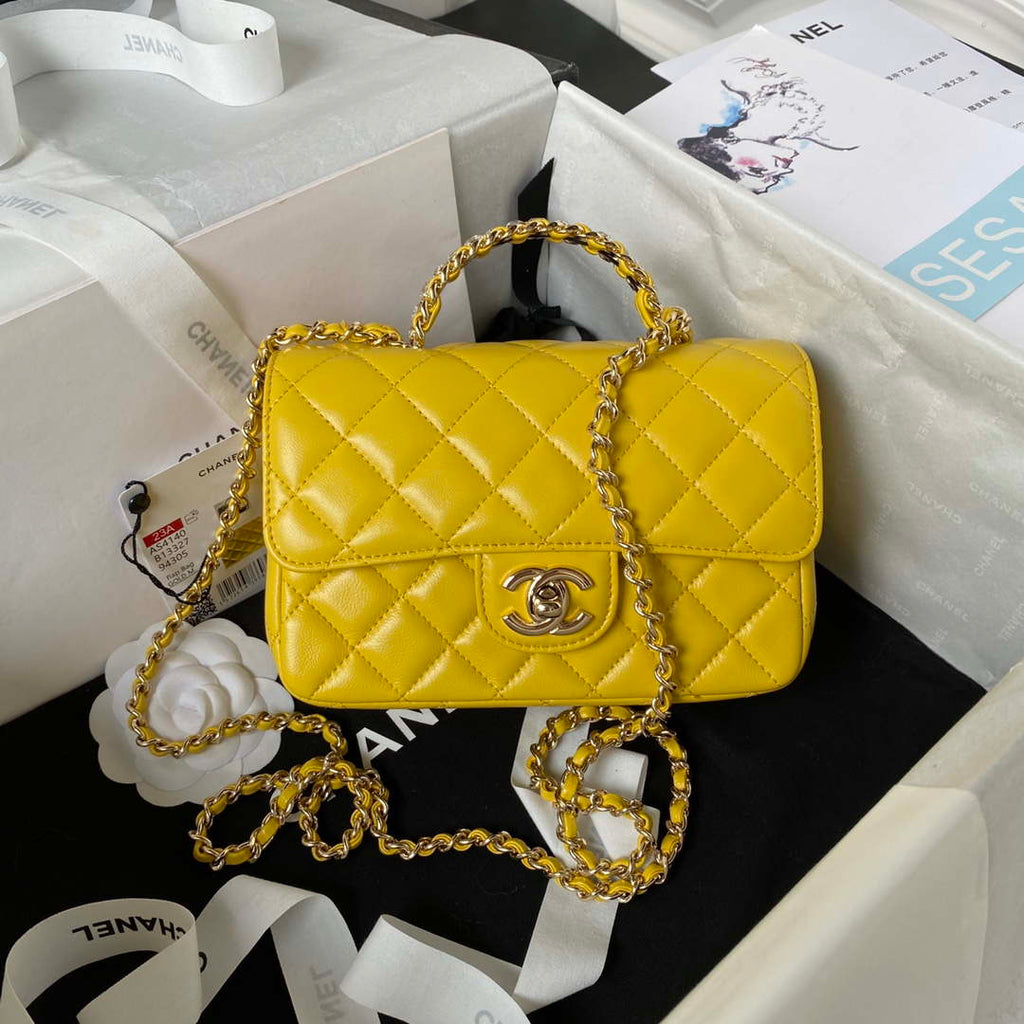 Chanel AS4140 Camellia Embossed With top Handle Bag Yellow