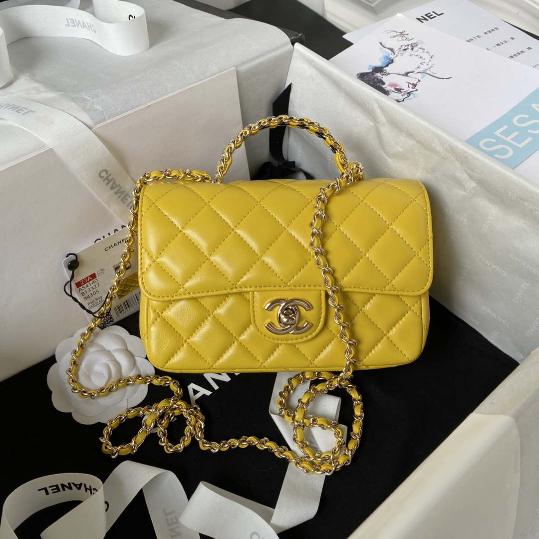 Chanel AS4140 Camellia Embossed With top Handle Bag Yellow - Default Title - View 1