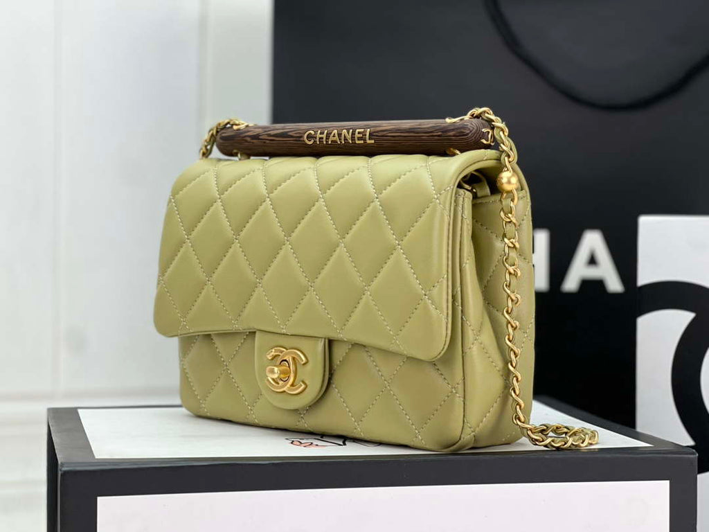 Chanel AS4151 Small Flap Bag With Top Handle Lambskin & Wenge Wood Matcha green
