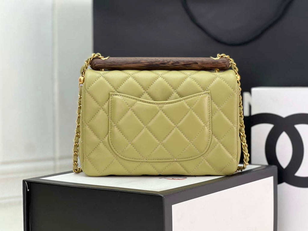 Chanel AS4151 Small Flap Bag With Top Handle Lambskin & Wenge Wood Matcha green