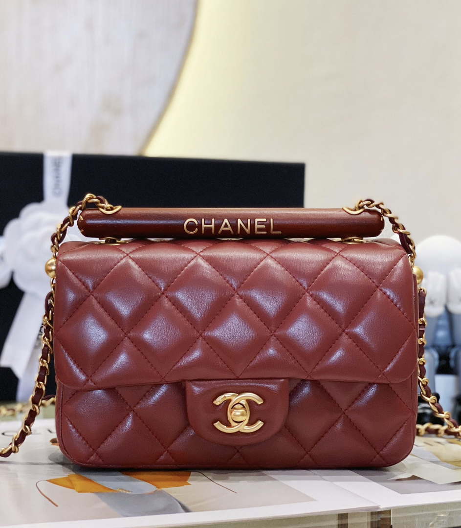 Chanel AS4151 Small Flap Bag With Top Handle Lambskin & Wenge Wood Wine Red - Default Title - View 1