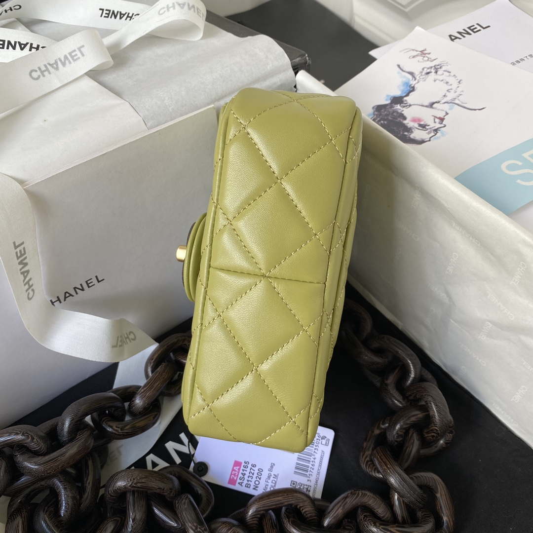 Chanel AS4165 Mini Flap Bag Lambskin Wenge Wood & Gold-Tone Metal Lemon Green
