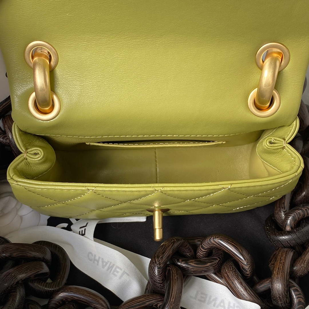 Chanel AS4165 Mini Flap Bag Lambskin Wenge Wood & Gold-Tone Metal Lemon Green