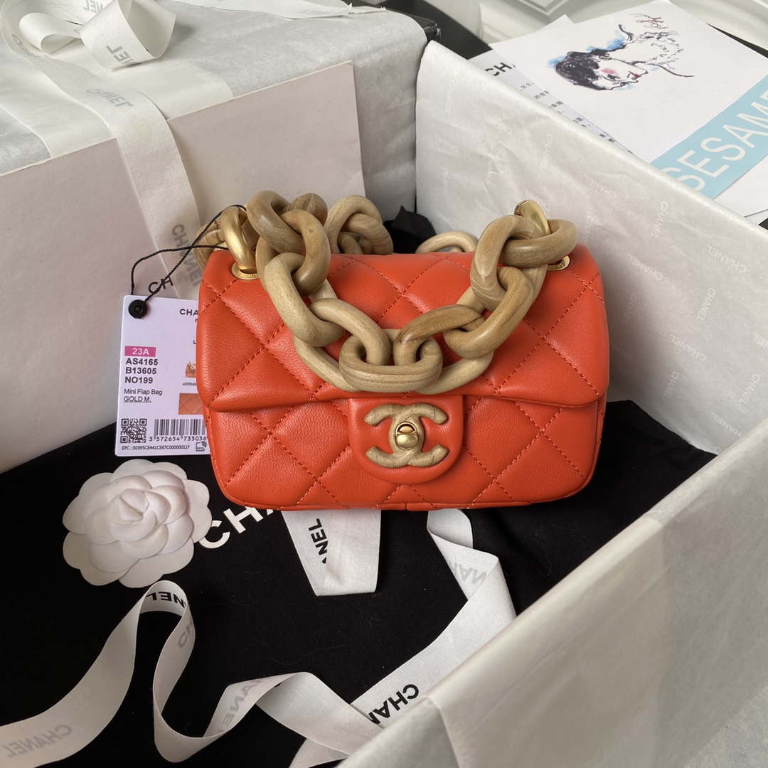 Chanel AS4165 Mini Flap Bag Lambskin Wenge Wood & Gold-Tone Metal Orange - Default Title - View 1