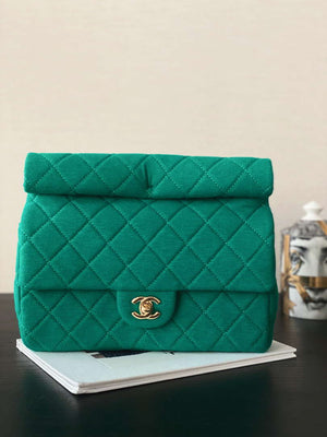 Chanel AS4199 Clutch Wool Jersey & Gold-Tone Metal Dark Green - Default Title - View 1