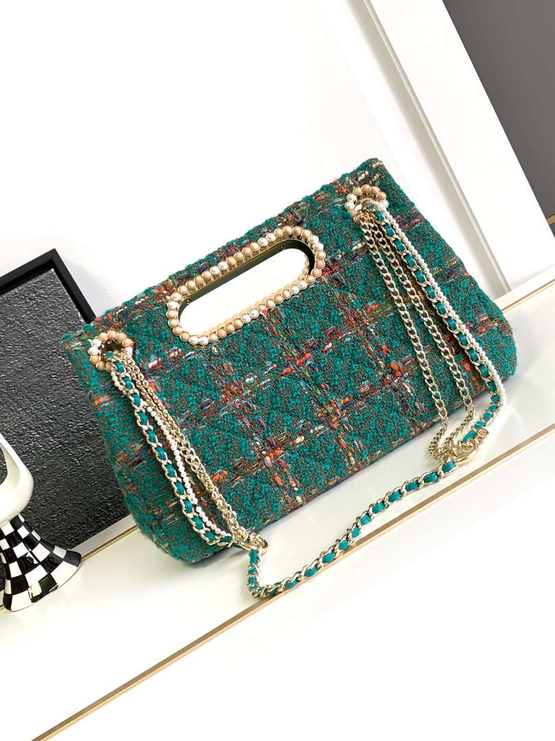 Chanel AS4221 large Flap Bag with top Handle Wool and Silk Tweed Glass and Wooden Pearls - Default Title - View 3