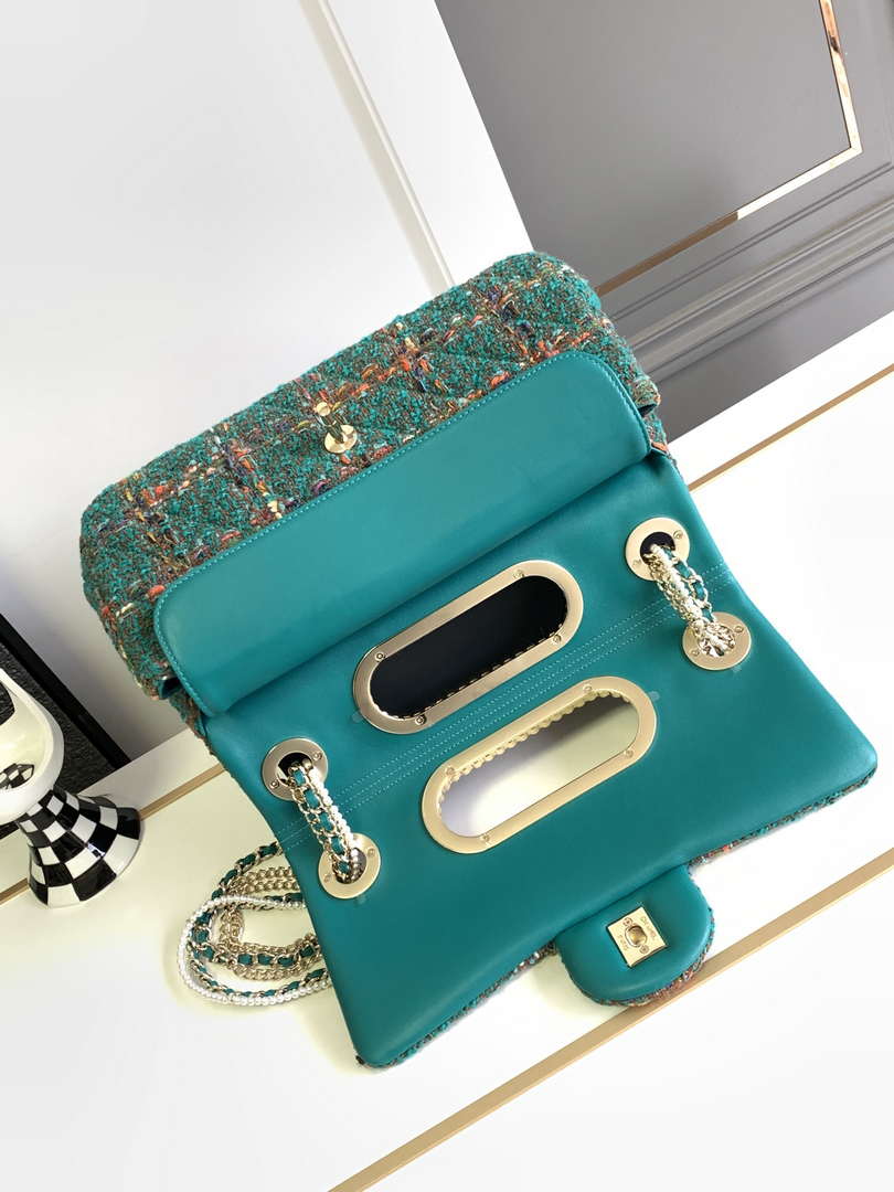 Chanel AS4221 large Flap Bag with top Handle Wool and Silk Tweed Glass and Wooden Pearls - Default Title - View 6