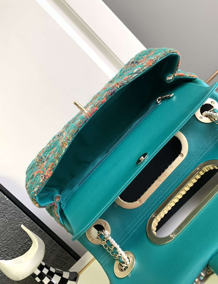 Chanel AS4221 large Flap Bag with top Handle Wool and Silk Tweed Glass and Wooden Pearls - Default Title - View 8