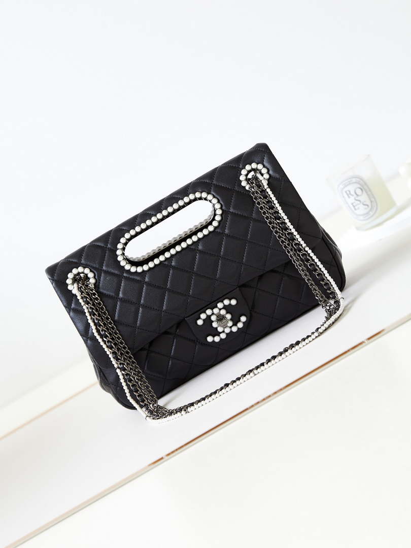 Chanel AS4221 Small Shopping Bag Aged Shiny Lambskin Crystal Pearls & Black Metal Black - Default Title - View 1