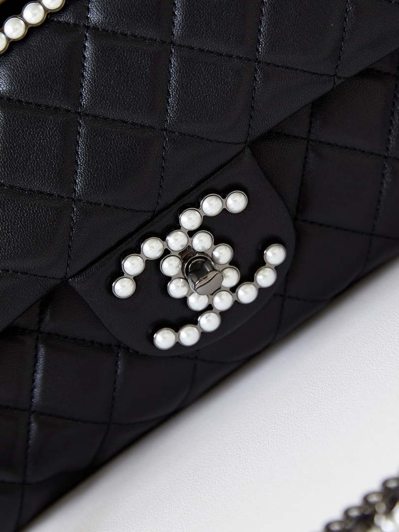 Chanel AS4221 Small Shopping Bag Aged Shiny Lambskin Crystal Pearls & Black Metal Black - Default Title - View 2