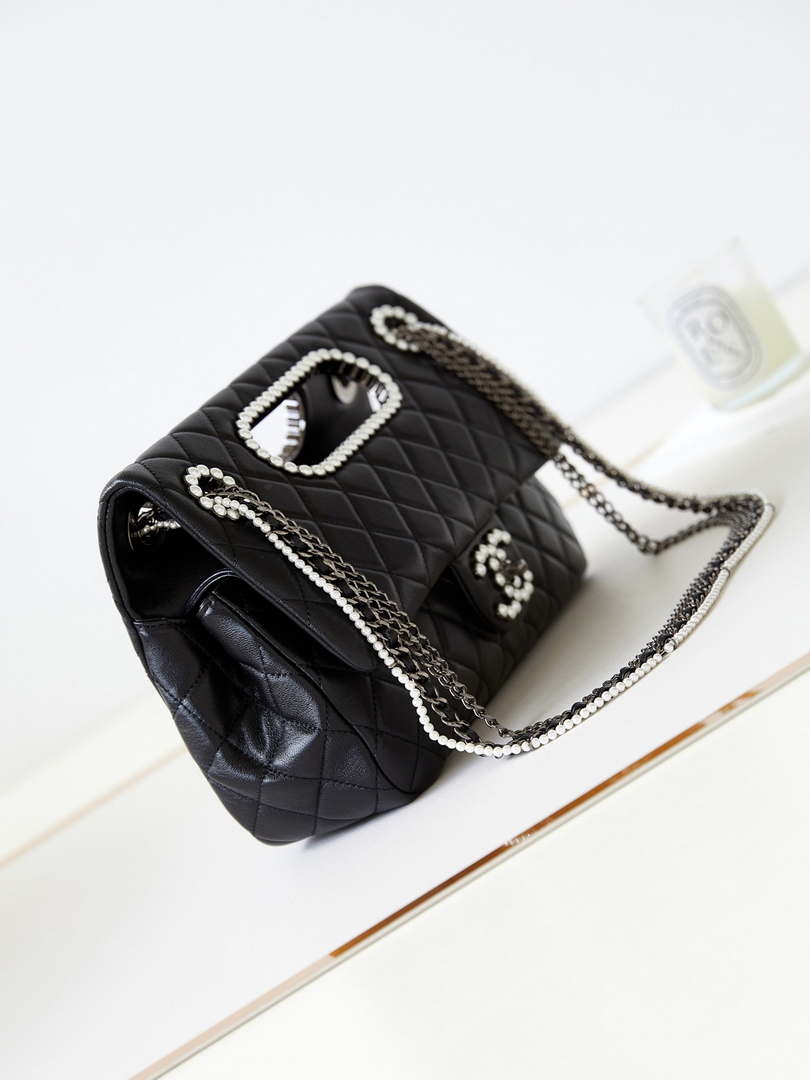 Chanel AS4221 Small Shopping Bag Aged Shiny Lambskin Crystal Pearls & Black Metal Black - Default Title - View 3