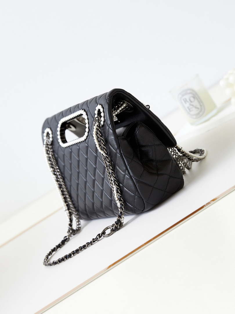 Chanel AS4221 Small Shopping Bag Aged Shiny Lambskin Crystal Pearls & Black Metal Black