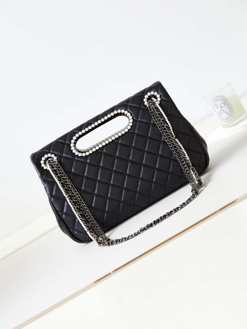 Chanel AS4221 Small Shopping Bag Aged Shiny Lambskin Crystal Pearls & Black Metal Black - Default Title - View 5