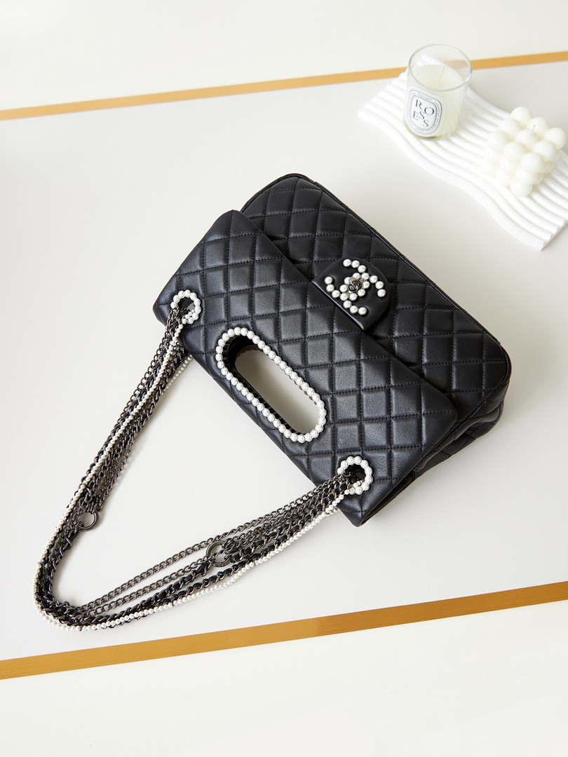 Chanel AS4221 Small Shopping Bag Aged Shiny Lambskin Crystal Pearls & Black Metal Black - Default Title - View 7