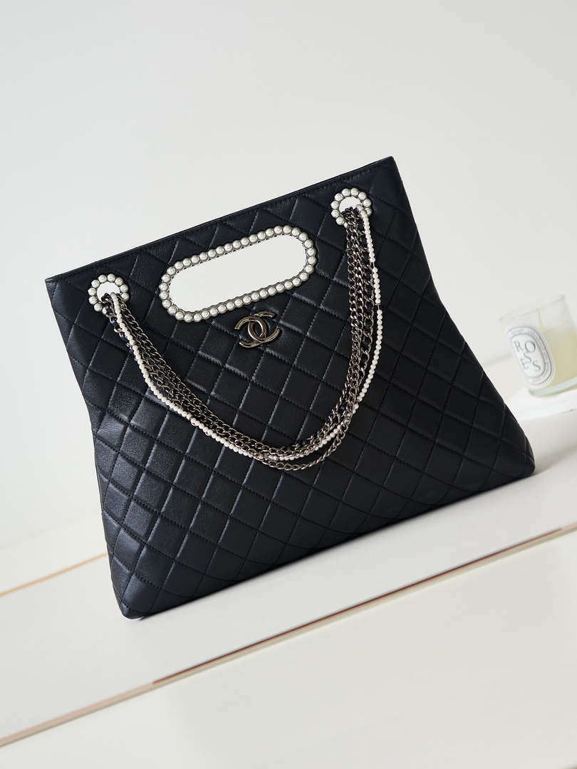 Chanel AS4222 Shopping Bag Aged Shiny Lambskin  Crystal Pearls & Black Metal Black - Default Title - View 1