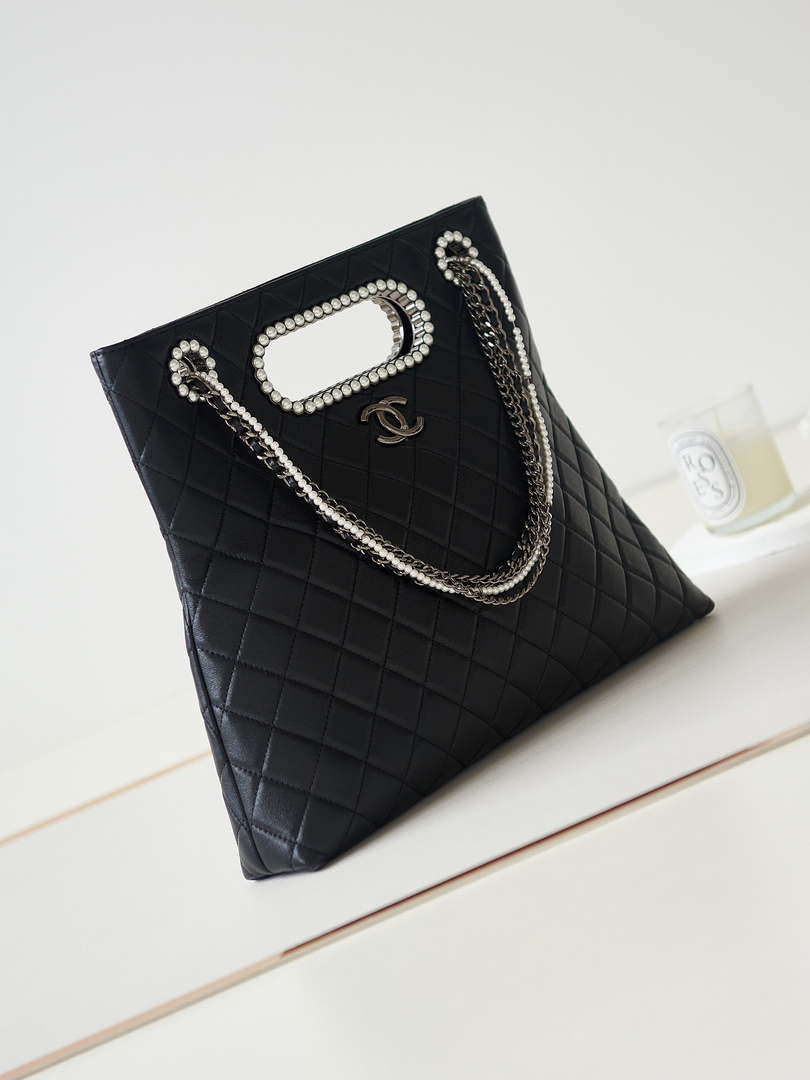 Chanel AS4222 Shopping Bag Aged Shiny Lambskin  Crystal Pearls & Black Metal Black