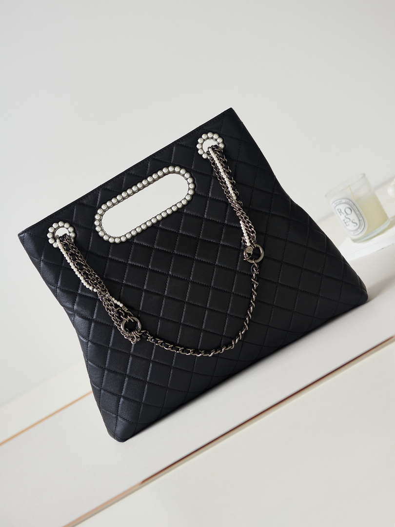 Chanel AS4222 Shopping Bag Aged Shiny Lambskin  Crystal Pearls & Black Metal Black