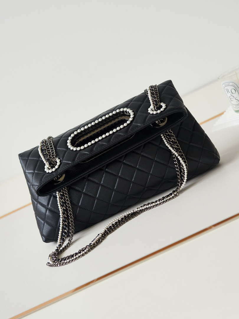 Chanel AS4222 Shopping Bag Aged Shiny Lambskin  Crystal Pearls & Black Metal Black - Default Title - View 7