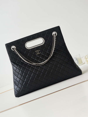 Chanel AS4223 Large Shopping Bag Aged Shiny Lambskin Crystal Pearls & Black Metal Black - Default Title - View 1