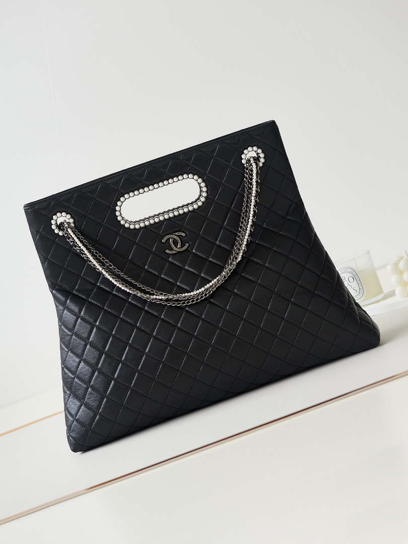 Chanel AS4223 Large Shopping Bag Aged Shiny Lambskin Crystal Pearls & Black Metal Black - Default Title - View 1