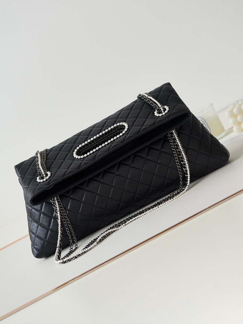 Chanel AS4223 Large Shopping Bag Aged Shiny Lambskin Crystal Pearls & Black Metal Black