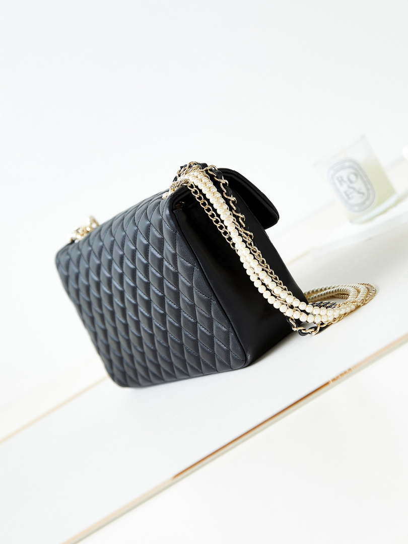 Chanel AS4245 Flap Bag Lambskin With Pearl & Metal Chain Black