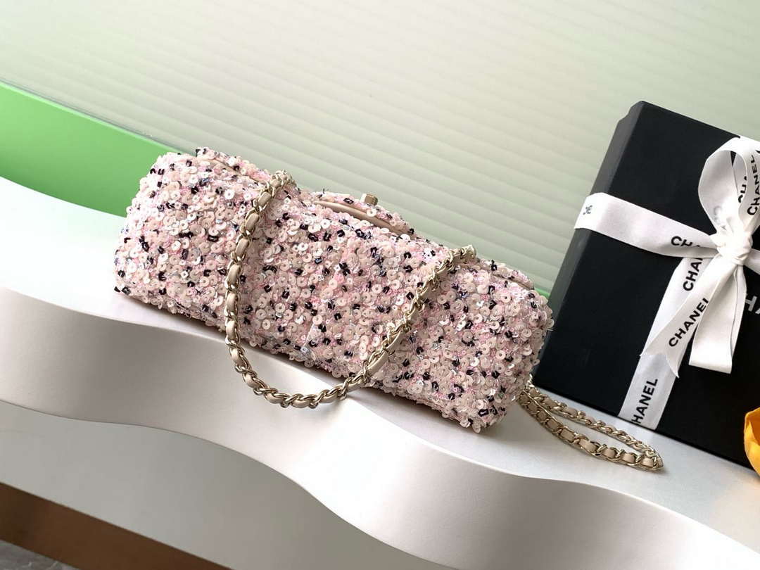 Chanel AS4298 24K Mini Flap Sequin Series CF Apricot Pink