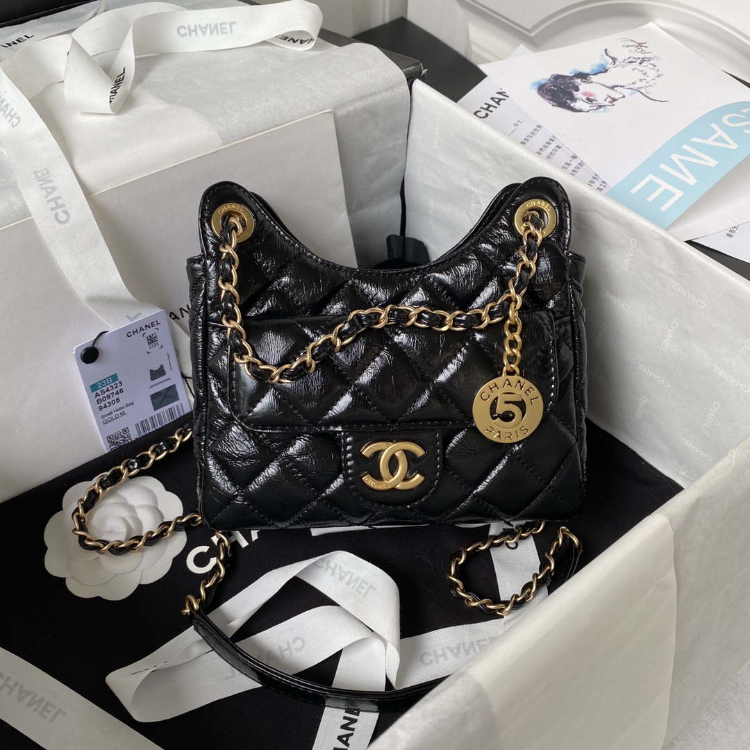 Chanel AS4323 Small Hobo Bag Shiny Crumpled Calfskin Black Gold Metal - Default Title - View 1