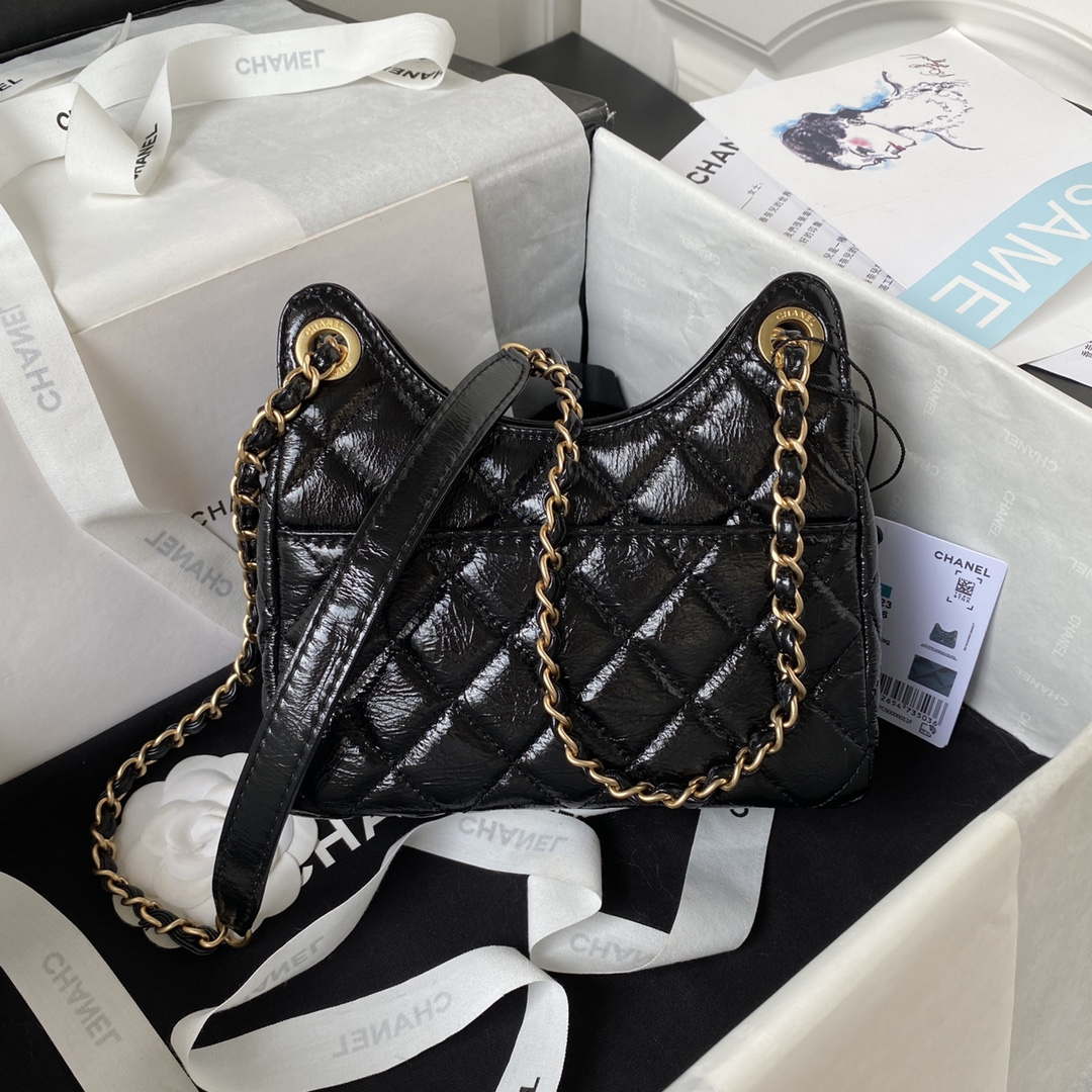 Chanel AS4323 Small Hobo Bag Shiny Crumpled Calfskin Black Gold Metal