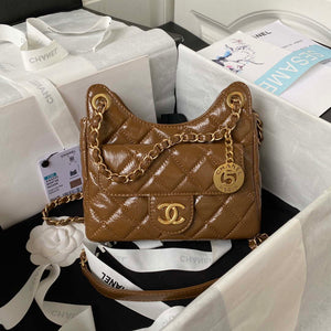 Chanel AS4323 Small Hobo Bag Shiny Crumpled Calfskin Gold Metal Caramel - Default Title - View 1