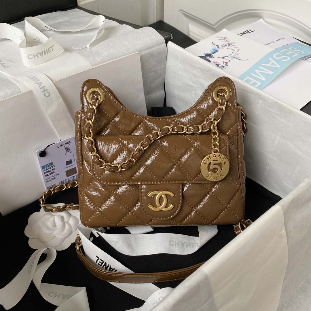 Chanel AS4323 Small Hobo Bag Shiny Crumpled Calfskin Gold Metal Caramel