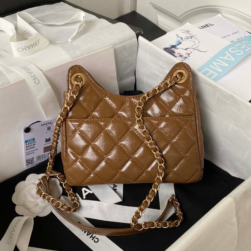 Chanel AS4323 Small Hobo Bag Shiny Crumpled Calfskin Gold Metal Caramel