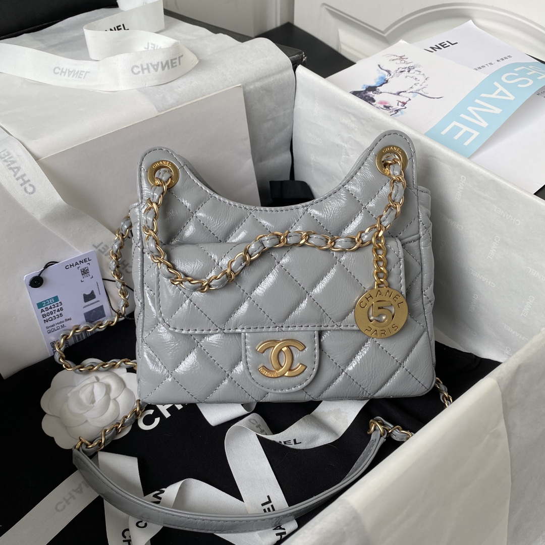 Chanel AS4323 Small Hobo Bag Shiny Crumpled Calfskin Gold Metal Gray - Default Title - View 1