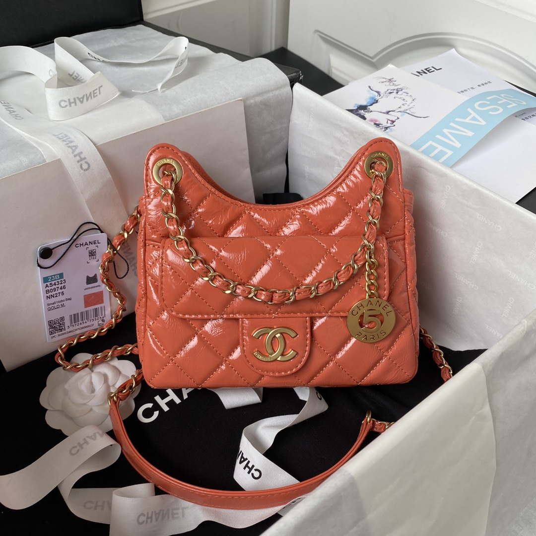 Chanel AS4323 Small Hobo Bag Shiny Crumpled Calfskin Gold Metal Orange - Default Title - View 1