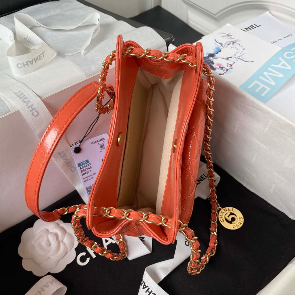 Chanel AS4323 Small Hobo Bag Shiny Crumpled Calfskin Gold Metal Orange