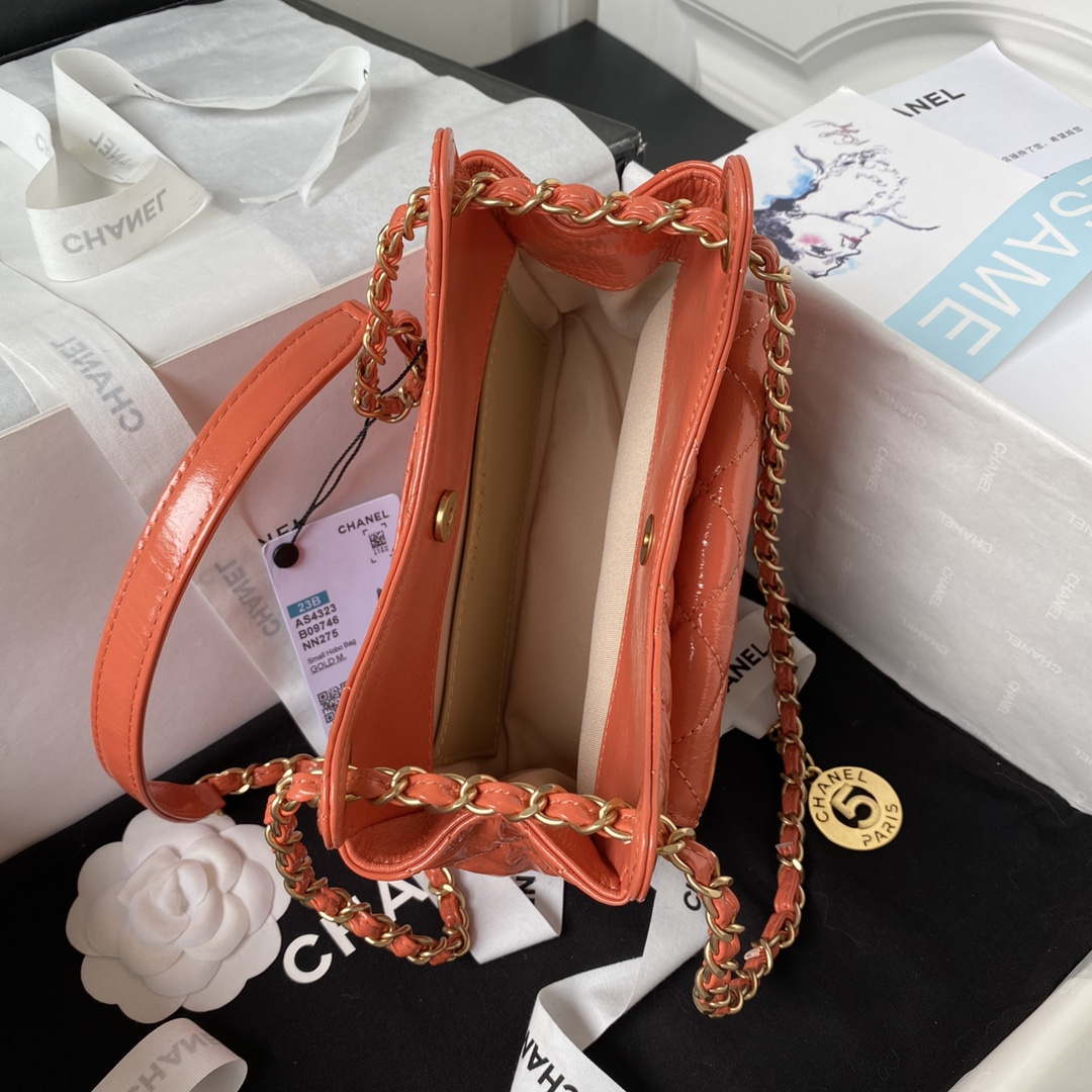 Chanel AS4323 Small Hobo Bag Shiny Crumpled Calfskin Gold Metal Orange
