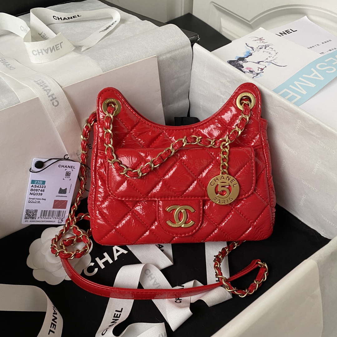 Chanel AS4323 Small Hobo Bag Shiny Crumpled Calfskin Gold Metal Red - Default Title - View 1